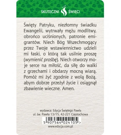 Karta Skuteczni Święci - Święty Patryk