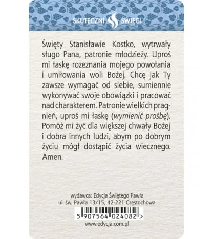 Karta Skuteczni Święci - Święty Stanisław Kostka