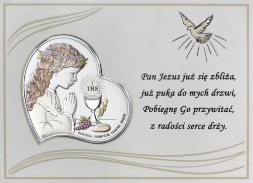Obrazek srebrny - Pierwsza Komunia Święta na białym panelu 18x13