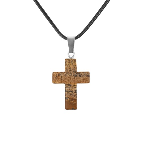 Krzyżyk wykonany z naturalnego kamienia – jaspisu, o unikalnym rysunku i barwie.