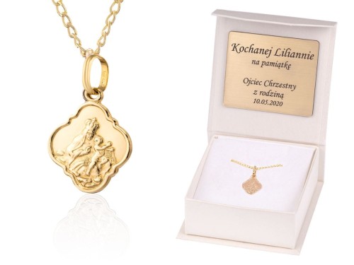 Złoty medalik z Matką Boską SZKAPLERZ łańcuszek pr. 585 DEDYKACJA - Pamiątka Prezent