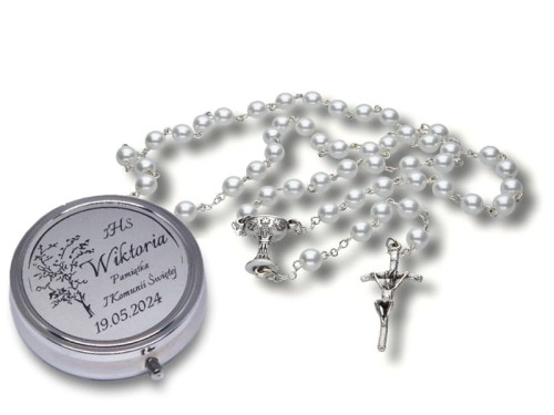 Różaniec w pudełku z imieniem IHS Komunia GRAWER