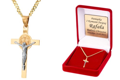 Złoty krzyżyk dwukolorowy z Jezusem medalikiem św. Benedykta łańcuszek pr. 585 DEDYKACJA