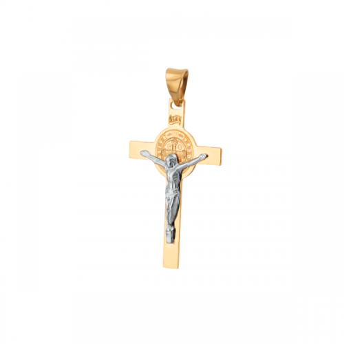 Złoty krzyżyk dwukolorowy z Jezusem medalikiem św. Benedykta łańcuszek pr. 585 DEDYKACJA