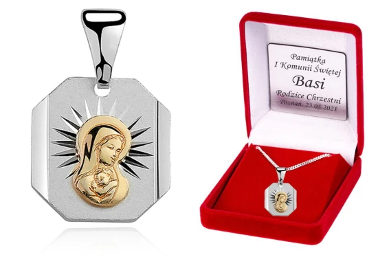 Srebrny (pr.925) medalik Matka Boska MADONNA łańcuszek DEDYKACJA