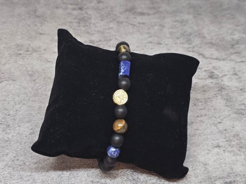 Męska bransoleta ONYKS MATOWY, TYGRYSIE OKO i srebrna AG róża wiatrów