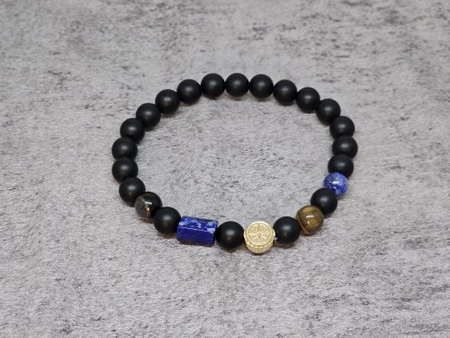 Męska bransoleta ONYKS MATOWY, TYGRYSIE OKO i srebrna AG róża wiatrów