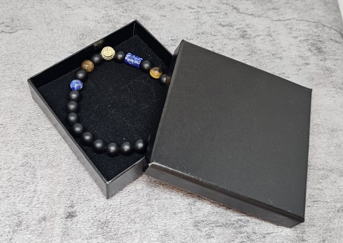 Męska bransoleta ONYKS MATOWY, TYGRYSIE OKO i srebrna AG róża wiatrów