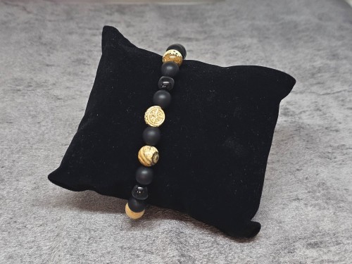 Męska bransoleta ONYKS MATOWY, AGAT ANTYCZNY i srebrna AG róża wiatrów