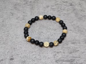 Męska bransoleta ONYKS MATOWY, AGAT ANTYCZNY i srebrna AG róża wiatrów