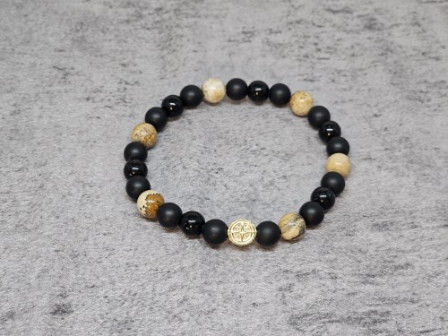 Męska bransoleta ONYKS MATOWY, AGAT ANTYCZNY i srebrna AG róża wiatrów