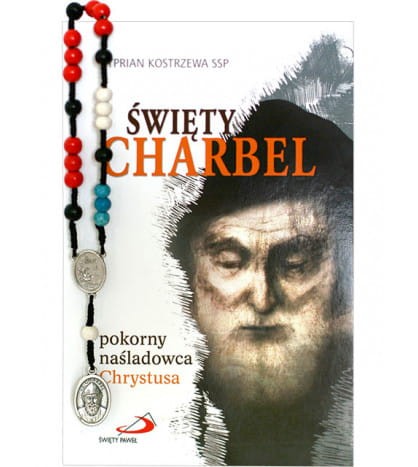 Święty Charbel + drewniana koronka wraz z opisem, jak się na niej modlić.