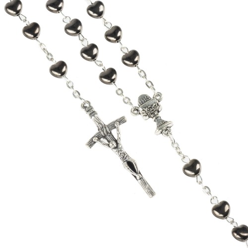 Różaniec grafitowe serduszka - IHS - Pierwsza Komunia Święta - 6 mm - plastik