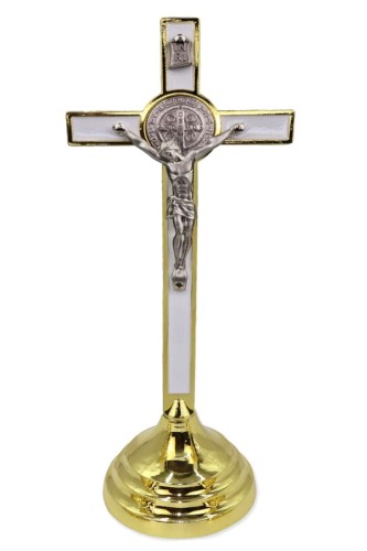 Krzyż stojący - Benedyktyński biało-złoty - 19cm