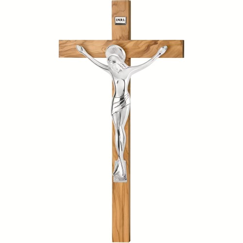 Włoski Krzyż z drzewa oliwnego z posrebrzanym korpusem - 23cm