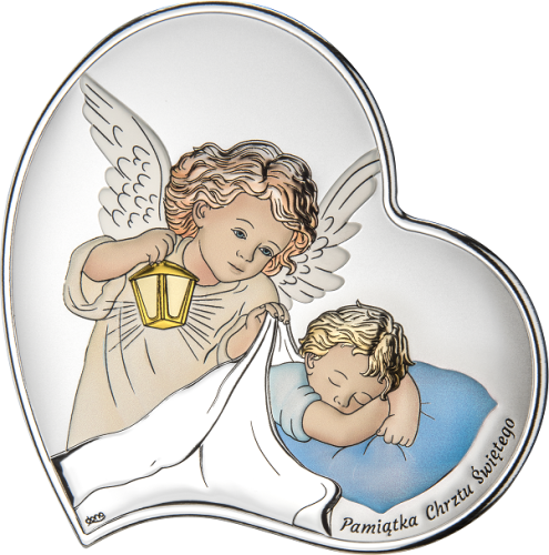 Obrazek srebrny - ANIOŁEK Z LATARENKĄ NAD DZIECIĄTKIEM – 11x11 cm