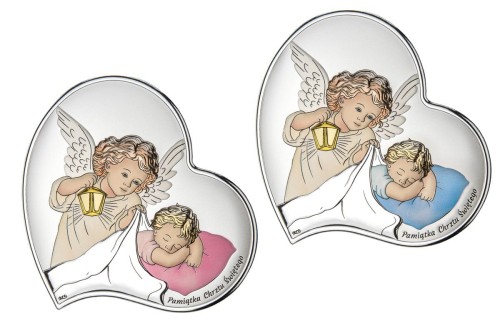 Obrazek srebrny - ANIOŁEK Z LATARENKĄ NAD DZIECIĄTKIEM – 11x11 cm