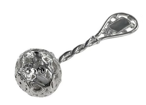 SREBRNA grzechotka w drewnianym pudełeczku - pamiątka & prezent