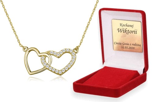 Pozłacany srebrny naszyjnik pr.925 serduszka z cyrkoniami - pamiątka grawer