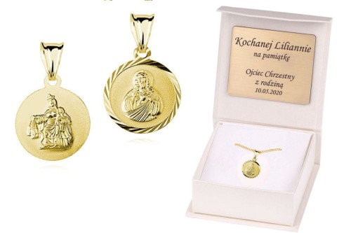 Serce Jezusa / Matka Boska Szkaplerzna - złocony medalik łańcuszek pr. 925 DEDYKACJA - Pamiątka Prezent