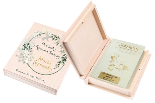Pismo Święte w pudełku drewnianym EKO ♻ nadruk UV - Pamiątka I Komunii Świętej