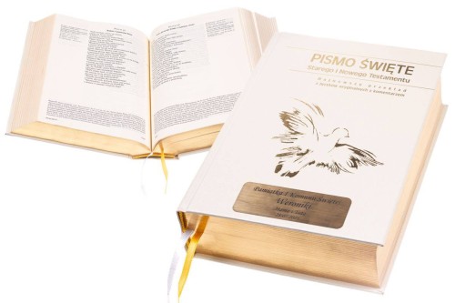 Pismo Święte ze złoceniami w pudełku drewnianym EKO ♻ nadruk UV - Pamiątka I Komunii Świętej