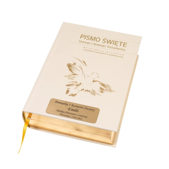 Pismo Święte ze złoceniami w pudełku drewnianym EKO ♻ nadruk UV - Pamiątka I Komunii Świętej