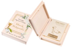 Pismo Święte ze złoceniami w pudełku drewnianym EKO ♻ nadruk UV - Pamiątka I Komunii Świętej