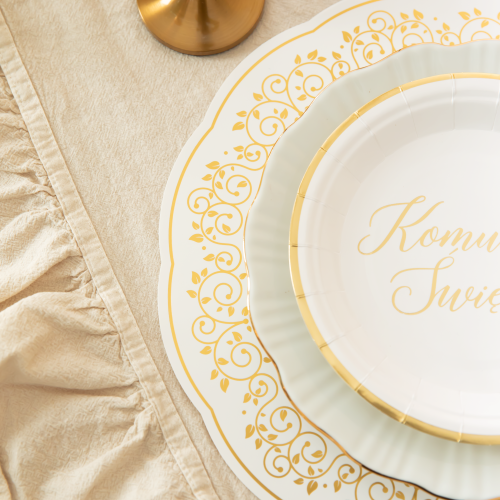 Talerzyki biało złote 18 cm 1 op. / 6 szt - papierowe I Komunia Święta