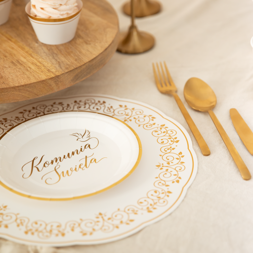 Talerzyki biało złote 18 cm 1 op. / 6 szt - papierowe I Komunia Święta