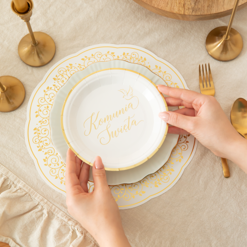Talerzyki biało złote 18 cm 1 op. / 6 szt - papierowe I Komunia Święta