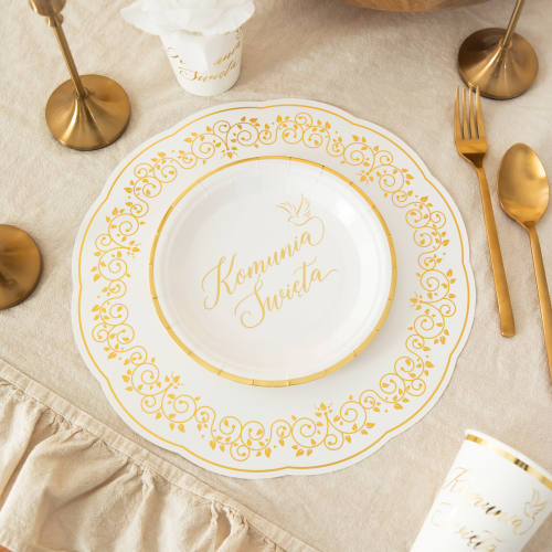 Talerzyki biało złote 18 cm 1 op. / 6 szt - papierowe I Komunia Święta