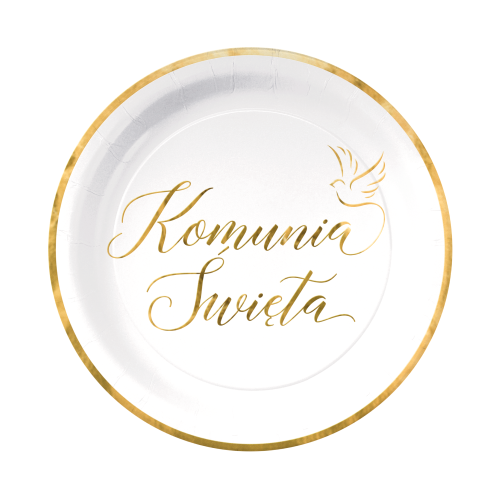 Talerzyki biało złote 18 cm 1 op. / 6 szt - papierowe I Komunia Święta