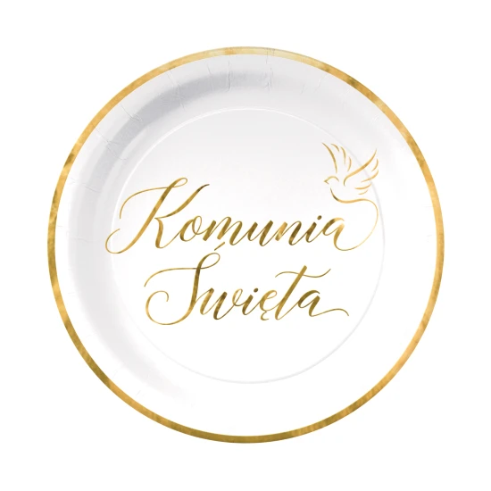 Talerzyki biało złote 18 cm 1 op. / 6 szt - papierowe I Komunia Święta
