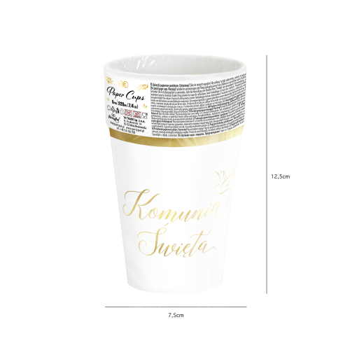 Kubek papierowy Komunia Święta biało-złoty 220 ml 6 szt