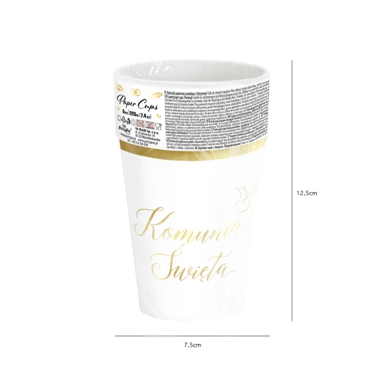 Kubek papierowy Komunia Święta biało-złoty 220 ml 6 szt