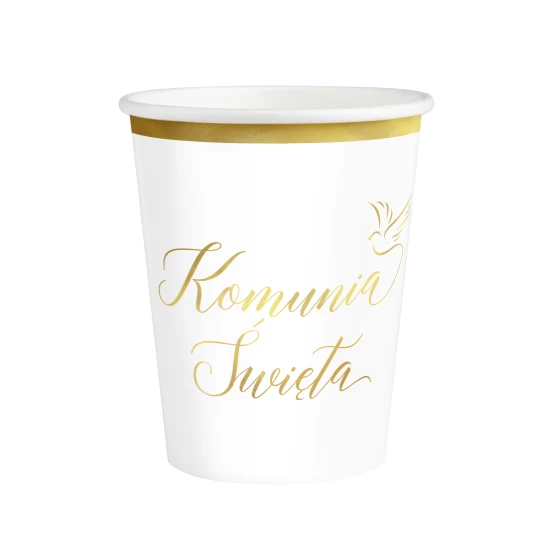 Kubek papierowy Komunia Święta biało-złoty 220 ml 6 szt