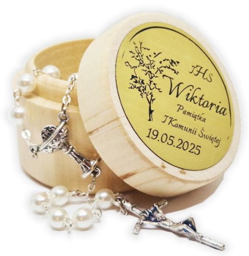 Różaniec w drewnianym pudełku z imieniem IHS Komunia GRAWER