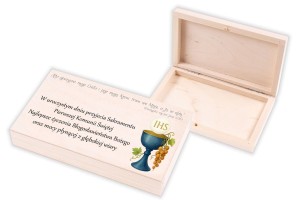 Pudełko drewniane na banknoty z okazji I Komunii Świętej prezent 