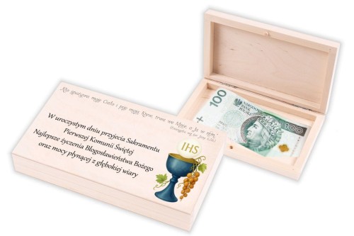 Pudełko drewniane na banknoty z okazji I Komunii Świętej prezent