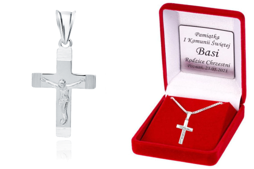 Srebrny (pr.925) krzyżyk JEZUS łańcuszek DEDYKACJA - Pamiątka Prezent