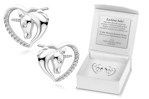 Srebrne kolczyki pr.925 w pudełku z grawerem JEDNOROŻEC z cyrkoniami