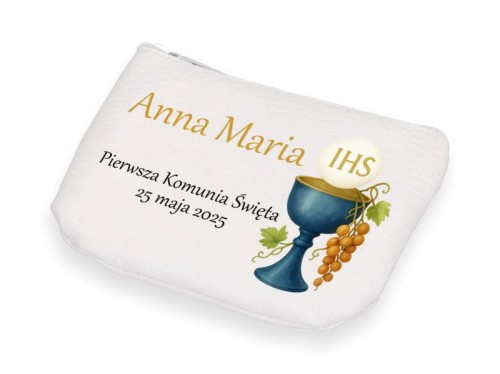 Etui na różaniec białe na zamek EKO skórka KOMUNIA IHS z imieniem