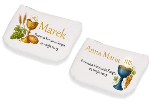 Etui na różaniec białe na zamek EKO skórka KOMUNIA IHS z imieniem