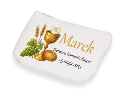 Etui na różaniec białe na zamek EKO skórka KOMUNIA IHS z imieniem