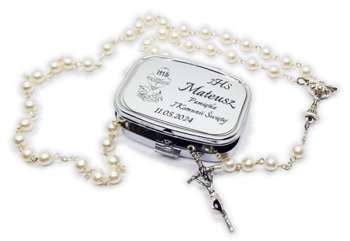 Różaniec w pudełku z imieniem IHS Komunia GRAWER