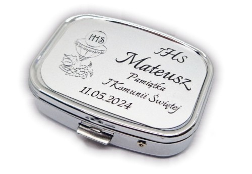 Różaniec w pudełku z imieniem IHS Komunia GRAWER