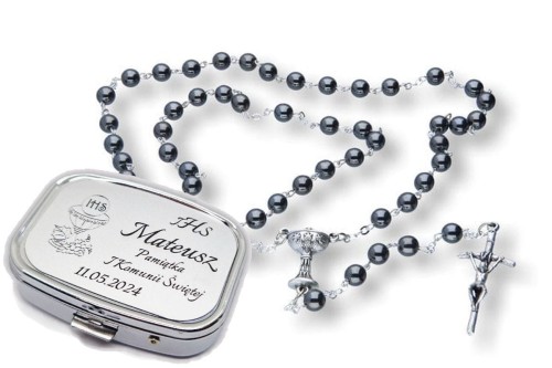 HEMATYT Różaniec w pudełku z imieniem IHS Komunia GRAWER