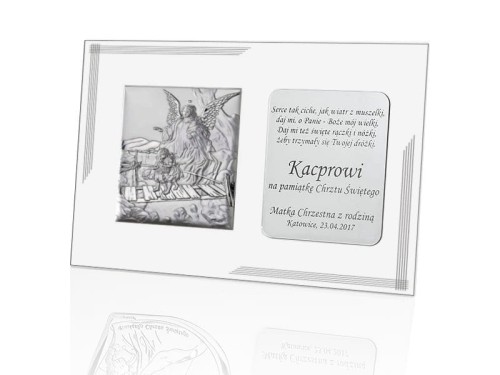 Obrazek srebrny 20x25 cm - Anioł Stróż "Dzieci na mostku" z grawerem w zestawie!