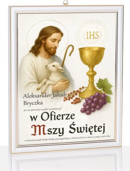 Obraz pamiątkowy KOMUNIA - Jezus Chrystus Dobry Pasterz nadruk na szkle